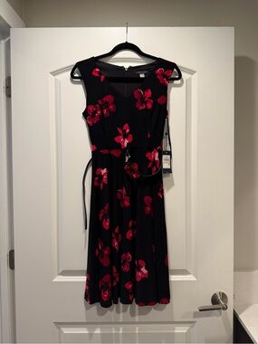 Tommy Hilfiger Black Midi Dress with Red Floral Print
